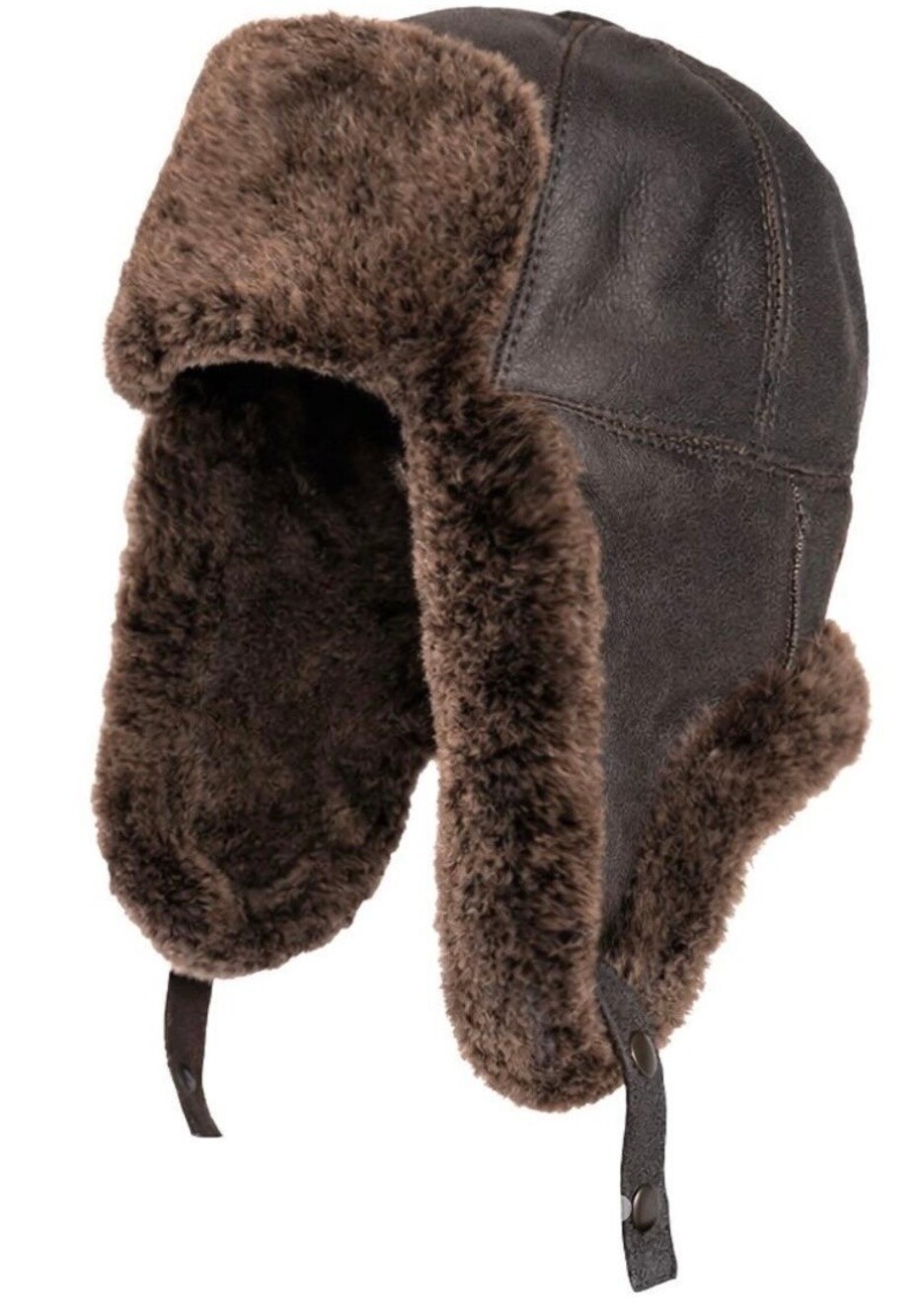 Brown Leather Faux Fur Trapper Hat Winter Ear Flap Warm Hat